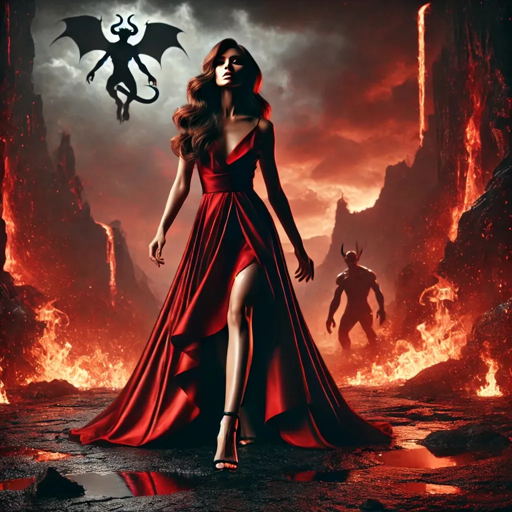 a woman in a red dress standing in front of a demon walking