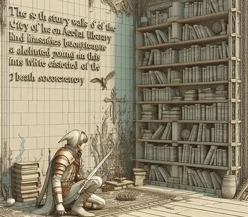 a drawing of a man sitting on the floor in front of a bookshelf