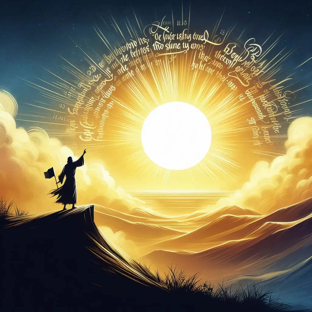 a painting of a person standing on a hill with the sun in the background