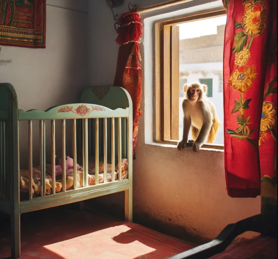 a monkey sitting on the ledge of a window