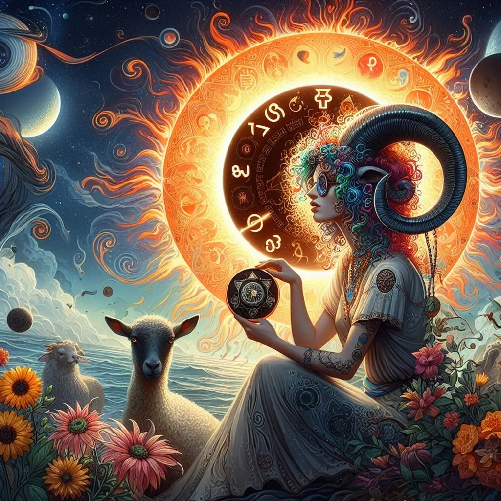 a painting of a woman holding a zodiac sign