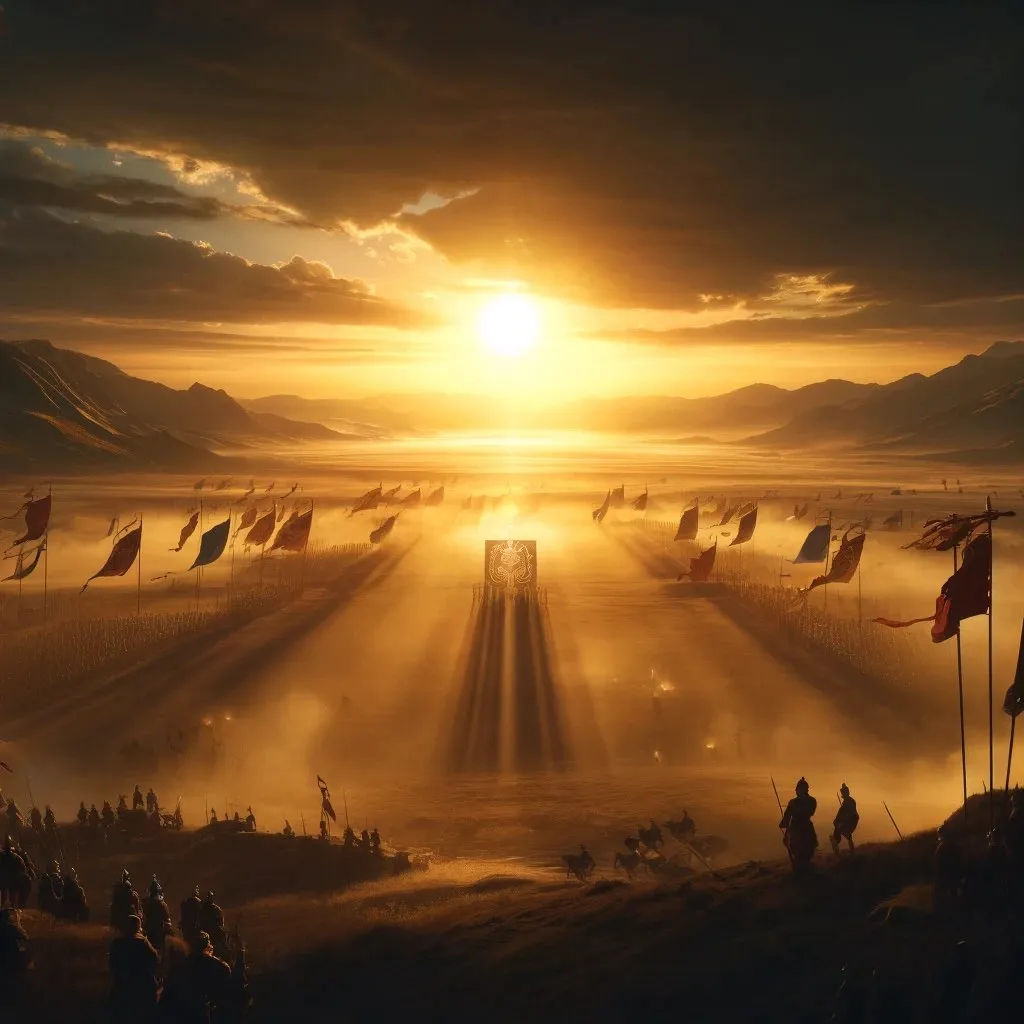  Can I request that more 3-D animation? 
In the wilderness of the yellow sand, the setting sun slants down, casting golden light in all directions. The flag flutters in the wind., advertising style