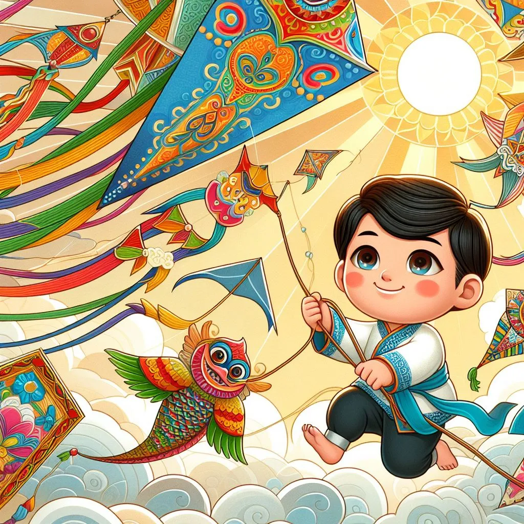 a boy flying a kite on top of a cloud