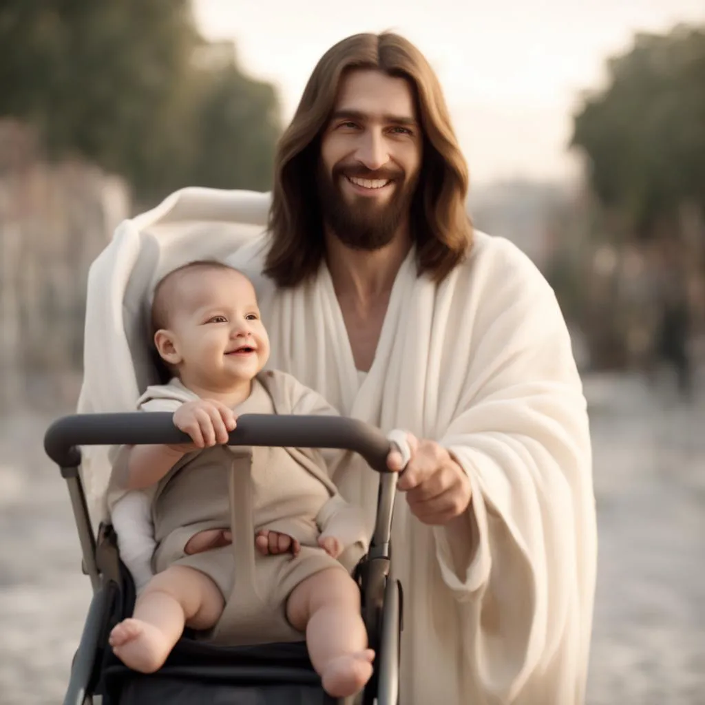 a man holding a baby in a stroller