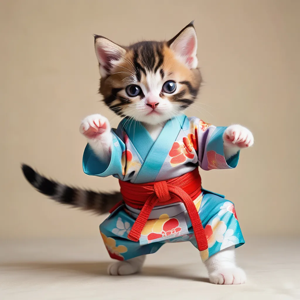 a small kitten in a kimono is posing for a picture