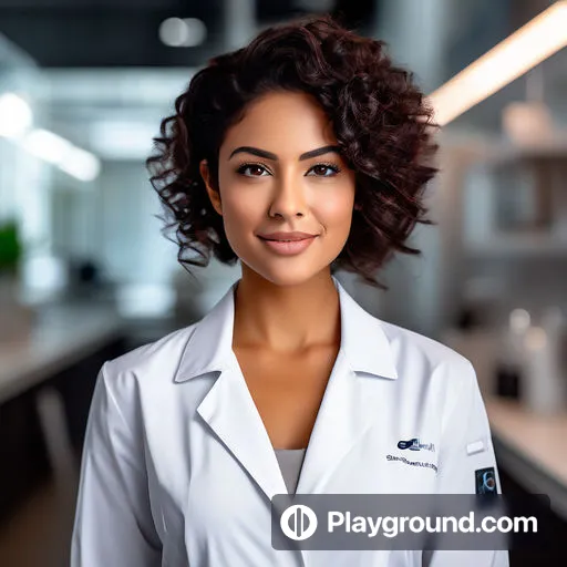 a woman in a lab coat posing for a picture