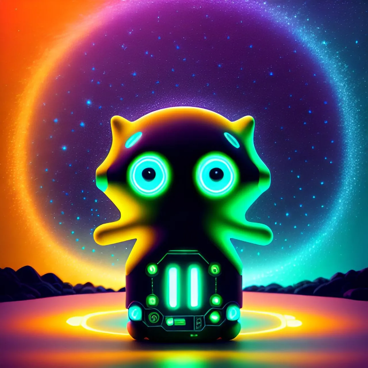 a cat with glowing eyes sitting in front of a colorful background