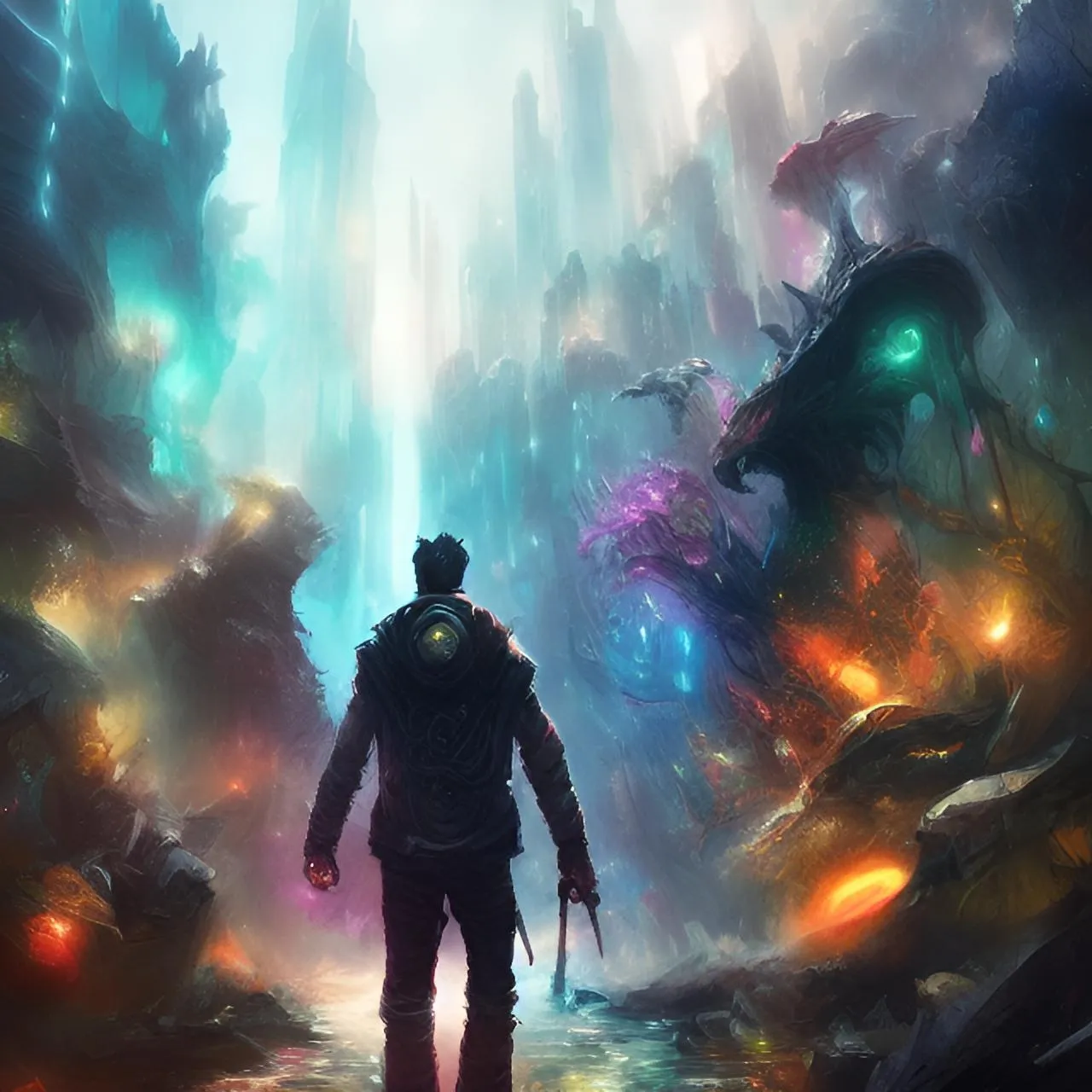 a man in a futuristic suit standing in front of a waterfall