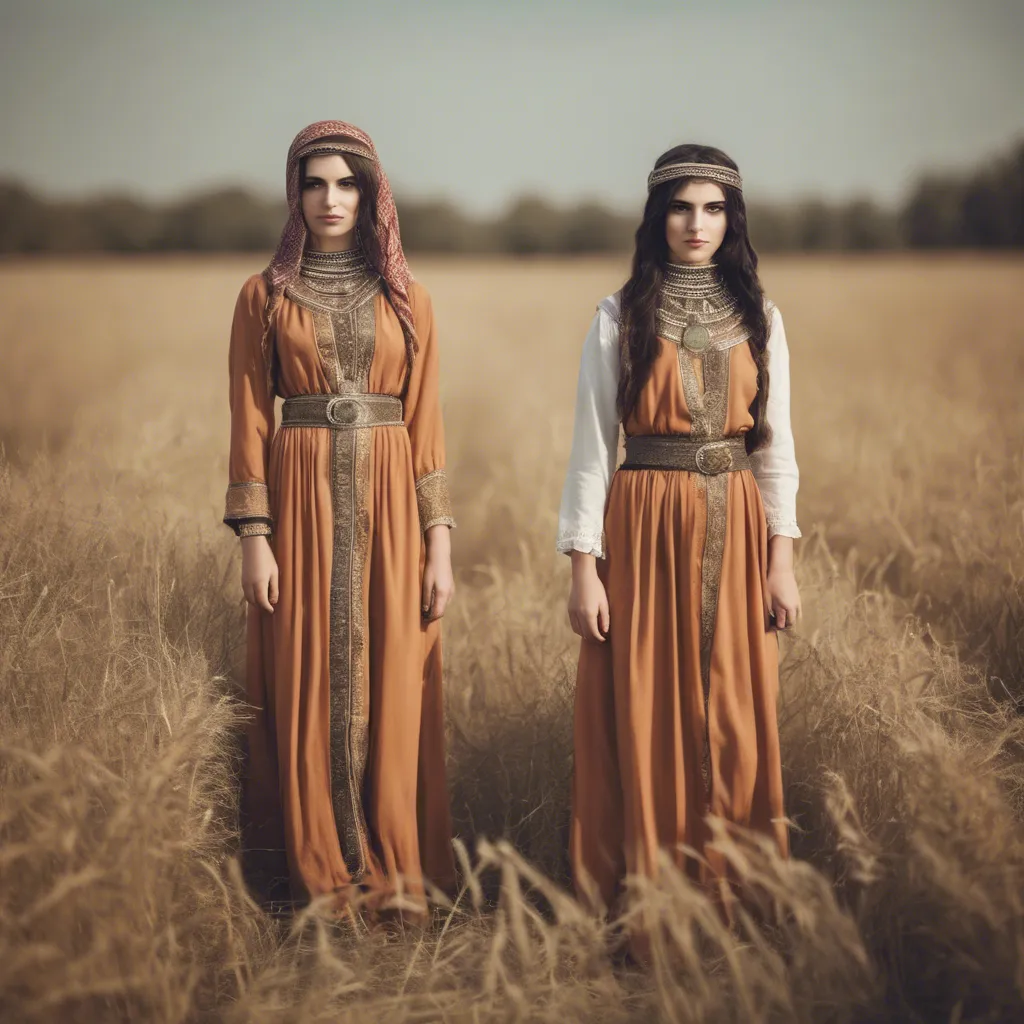 a couple of women standing next to each other in a field