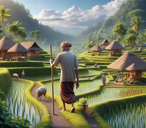 a painting of a man walking through a rice field