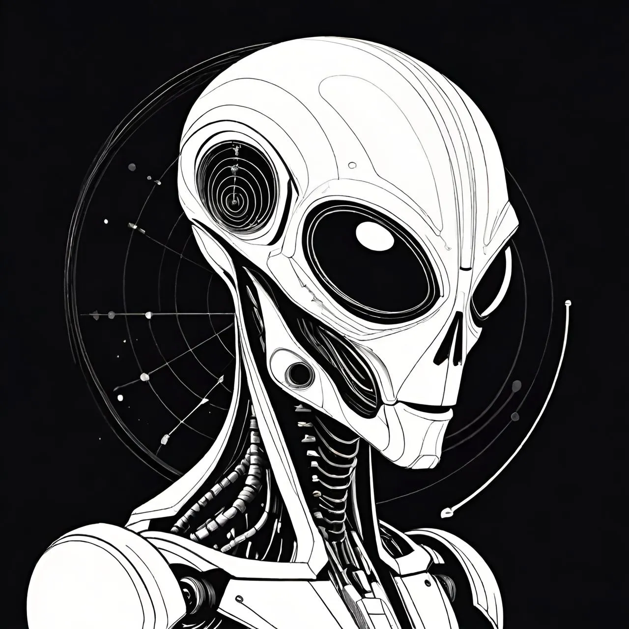 a black and white drawing of an alien