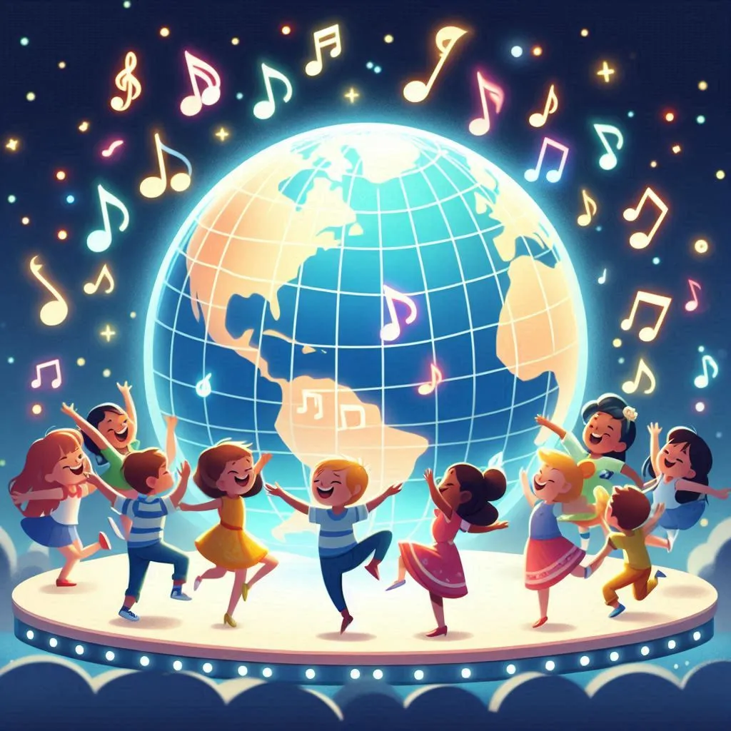 a group of children dancing around a globe