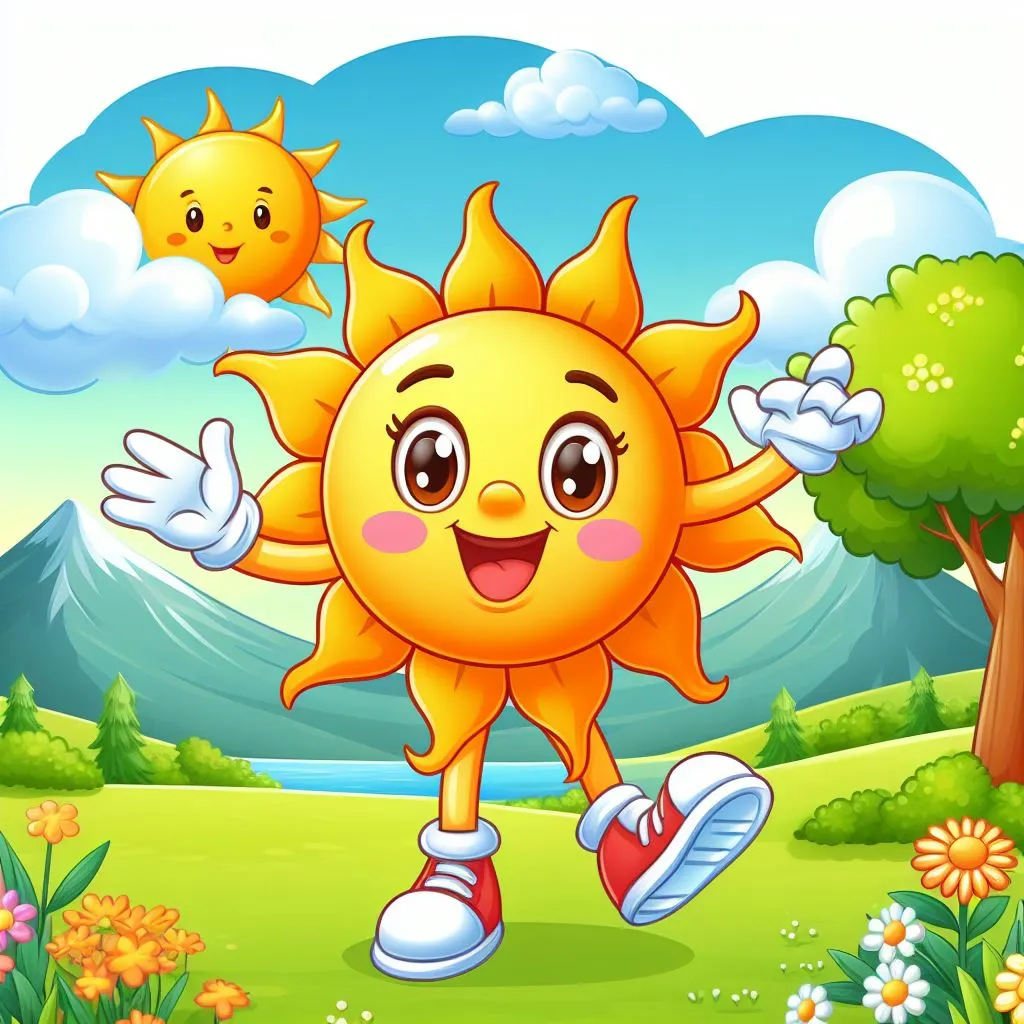 a cartoon sun running in a field with mountains in the background