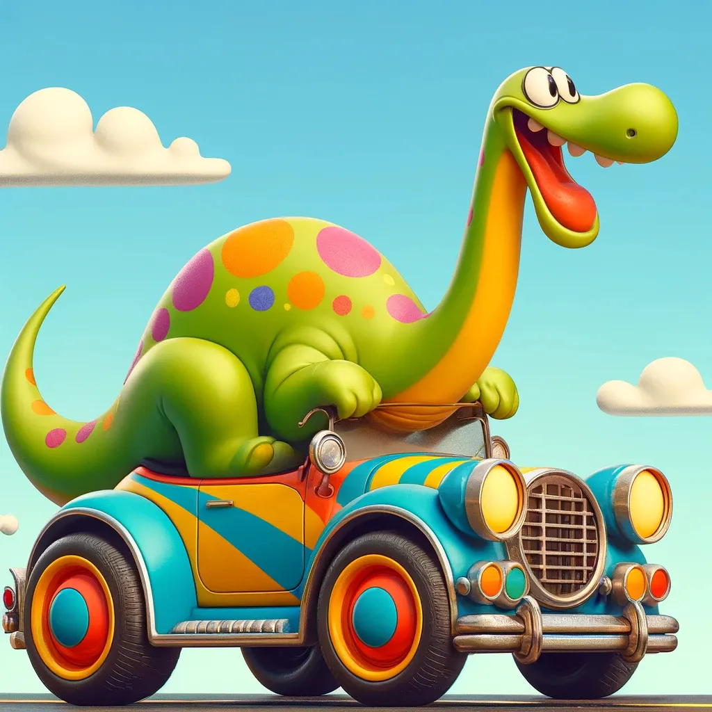 a cartoon dinosaur riding on top of a car and is running very fast