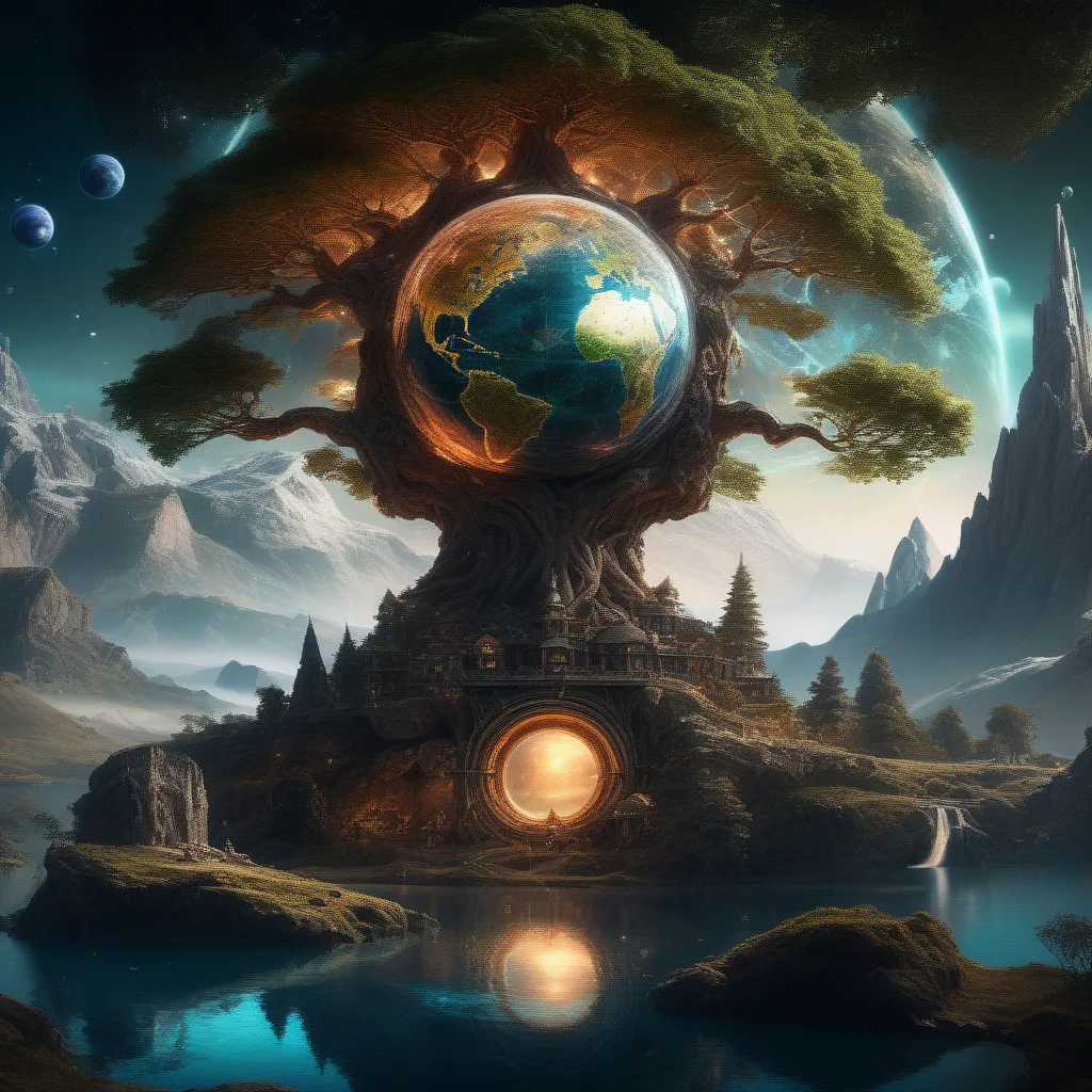 a painting of a tree with a globe on top of it