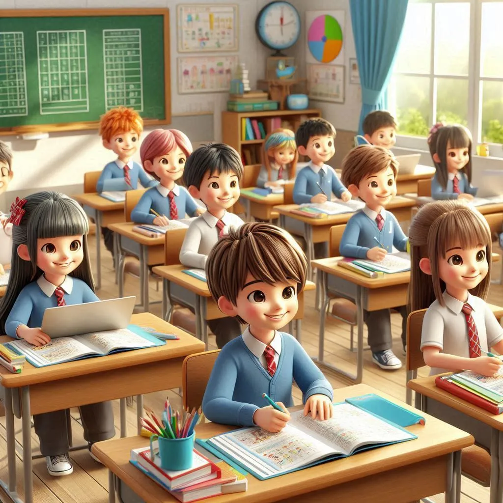 a group of children sitting at desks in a classroom