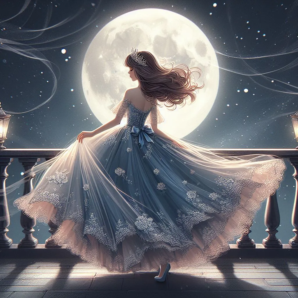 a woman in a dress standing on a balcony with a full moon in the background