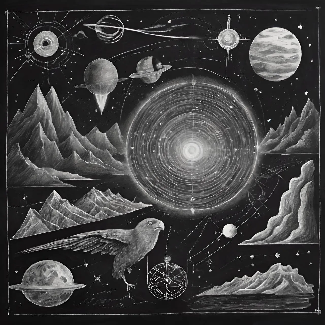 a black and white drawing of a space scene