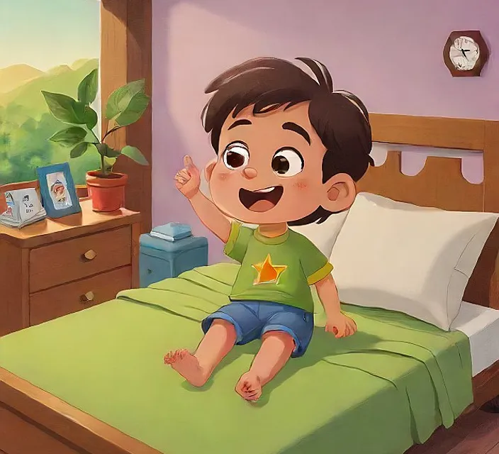 a young boy sitting on a bed in a bedroom