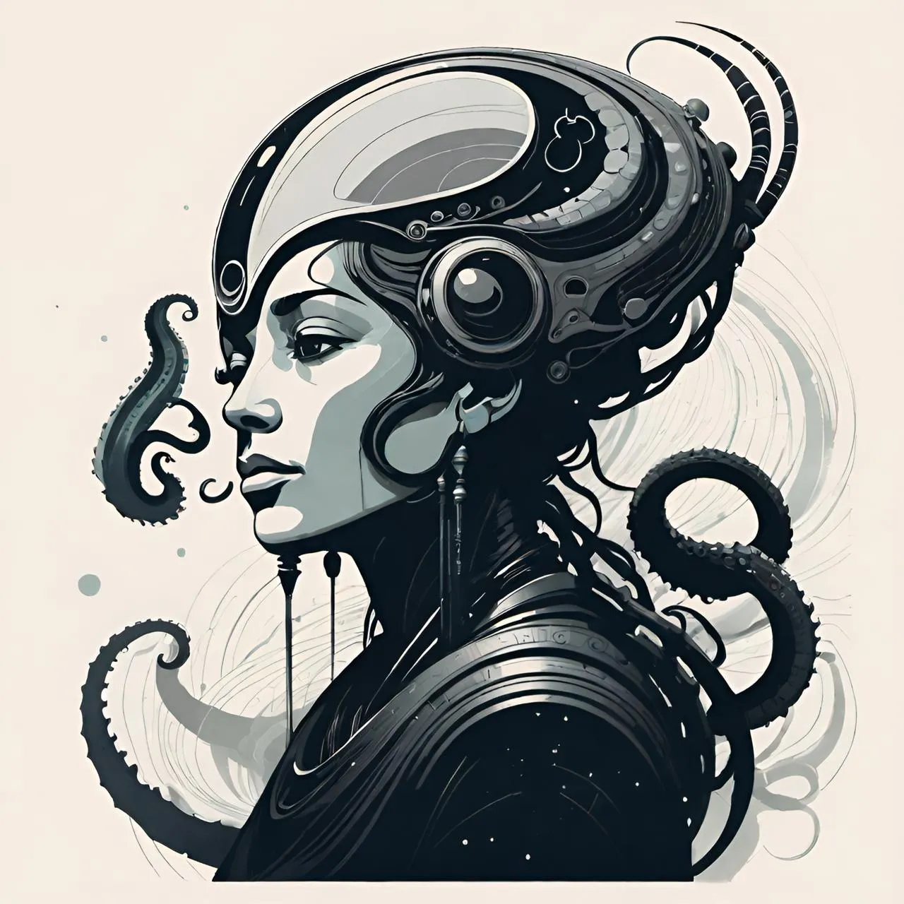 a drawing of a woman with headphones on