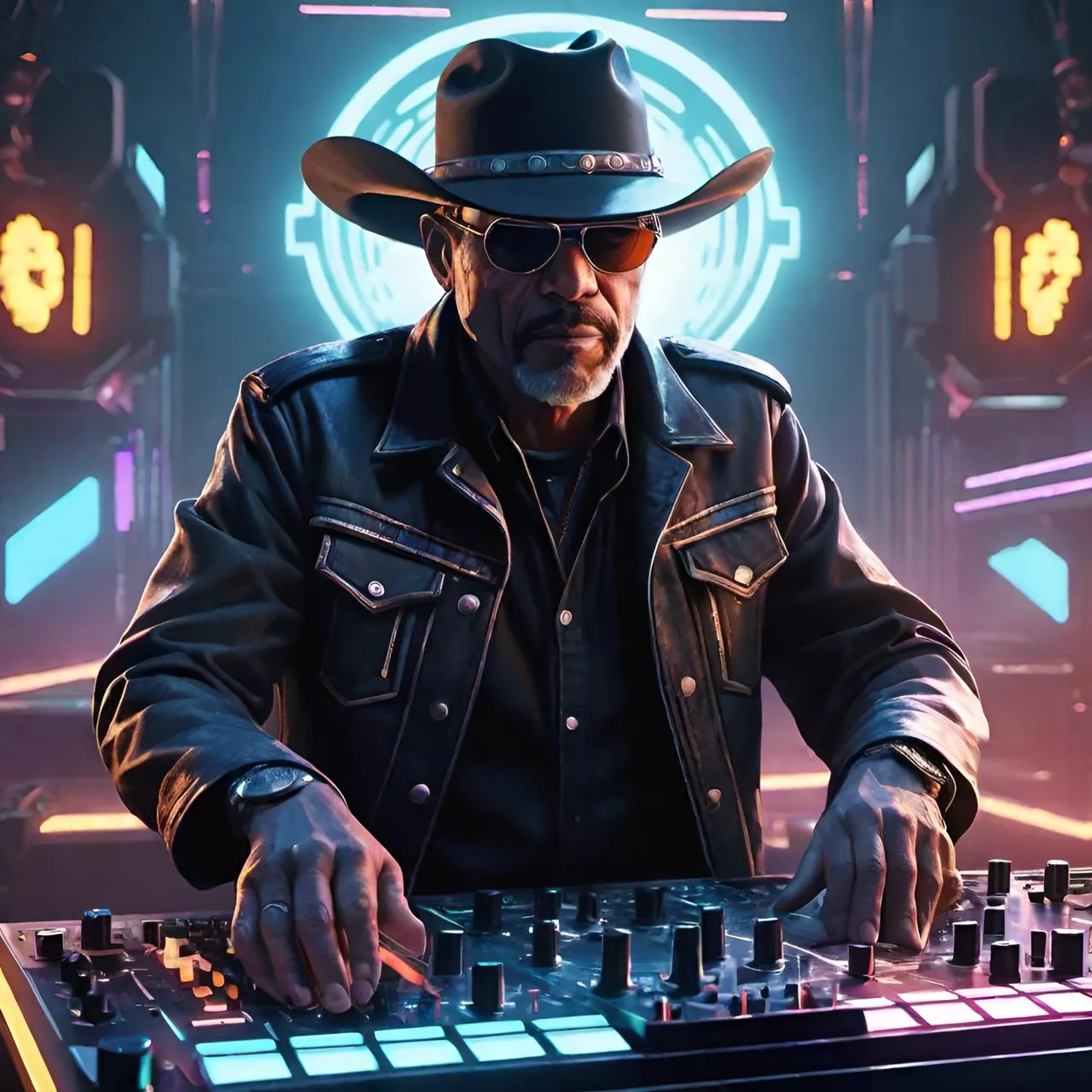 a man in a cowboy hat playing a dj set