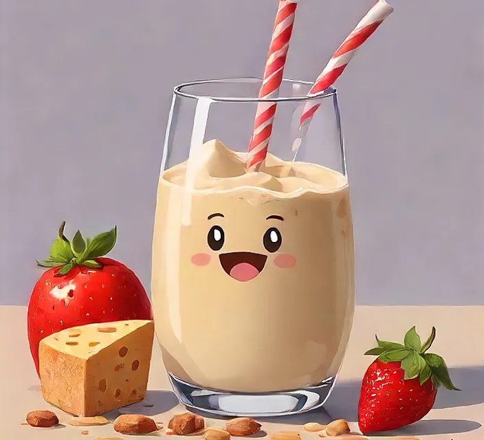 a glass of milk with strawberries and a piece of cheese