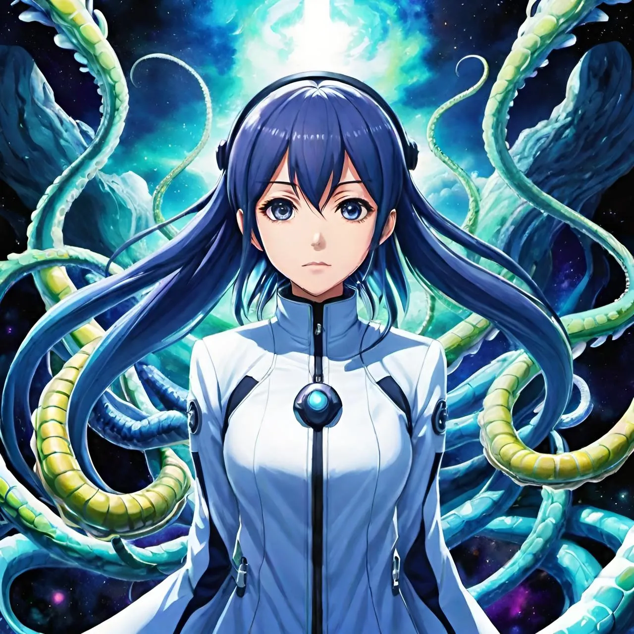 a woman with long hair standing in front of an octopus