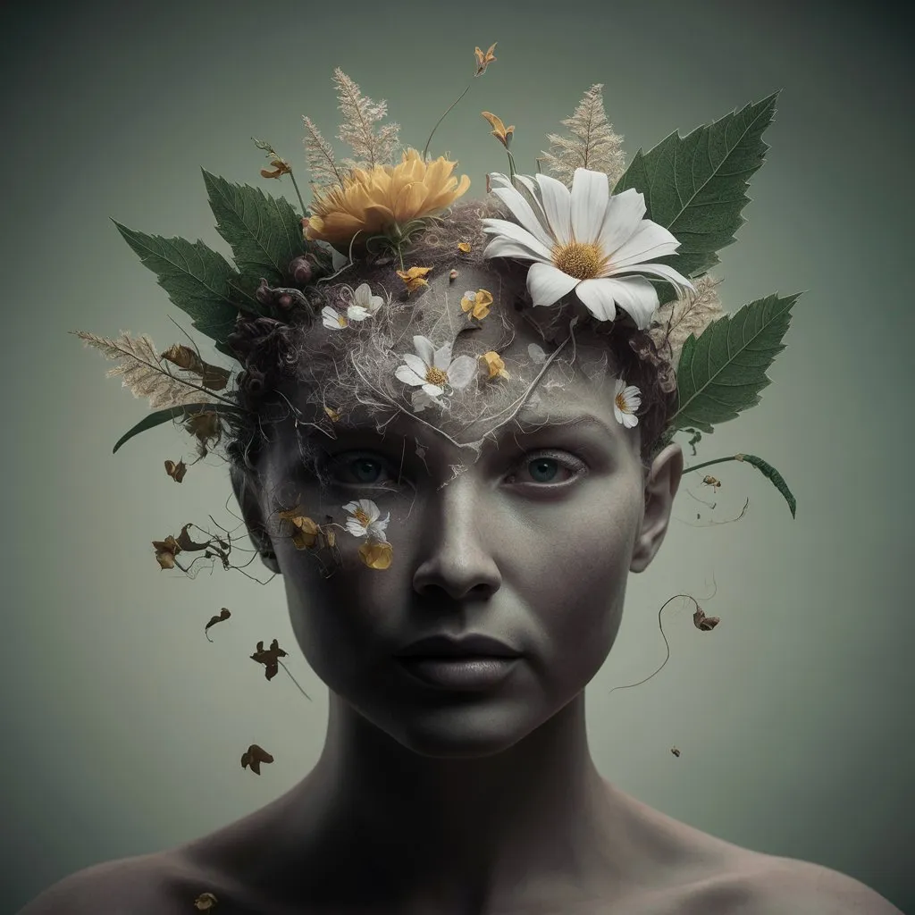 A double exposure image that combines a human face with natural elements such as flowers and leaves, representing the interconnection between nature and the human mind and the transformative power of positivity.