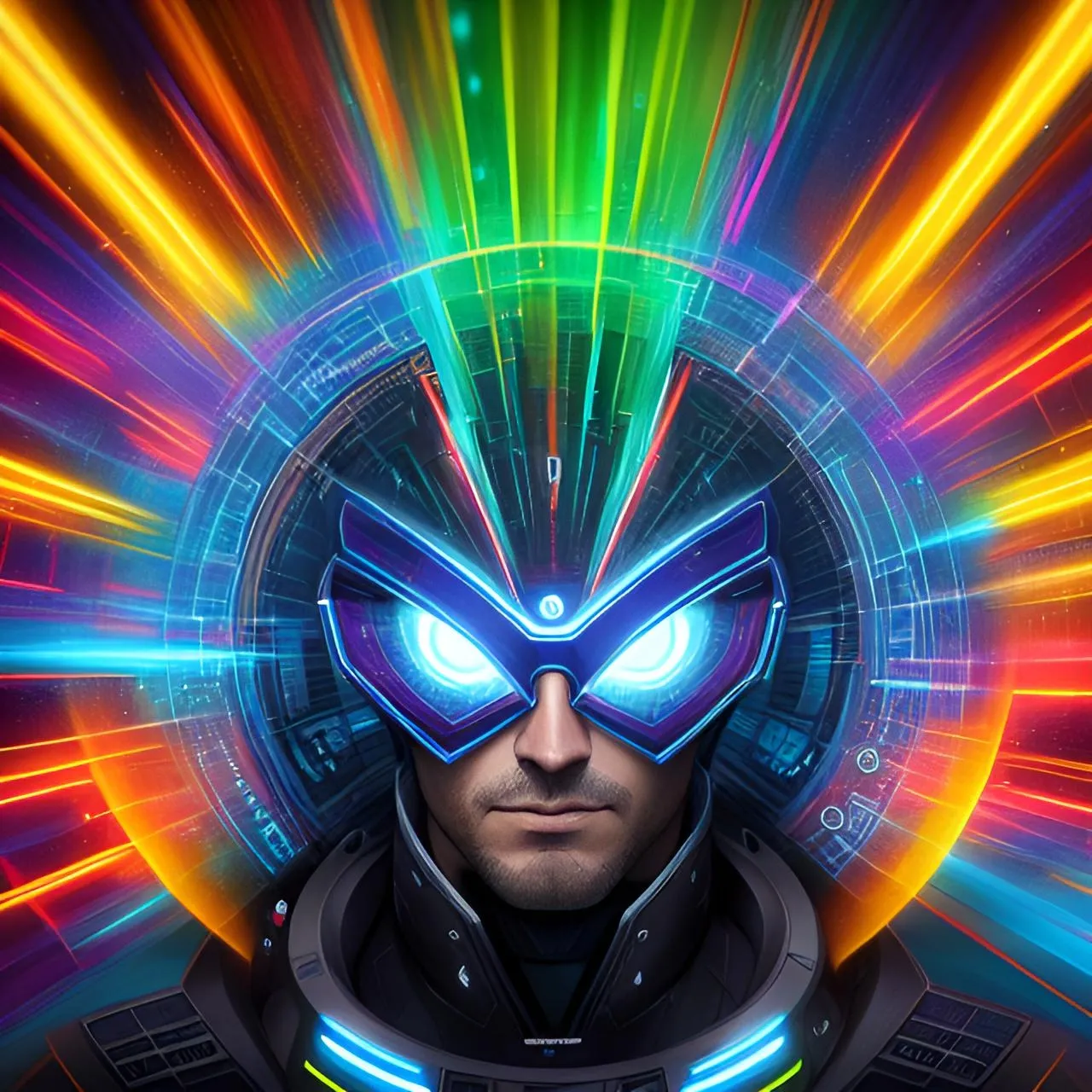 a man in a futuristic suit with glowing eyes