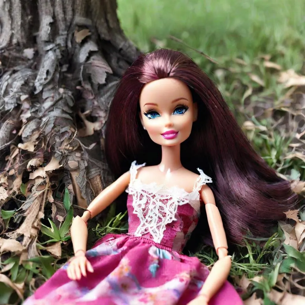 A doll laying near a tiny fairy house at the base of a tree surrounded by lush plant life