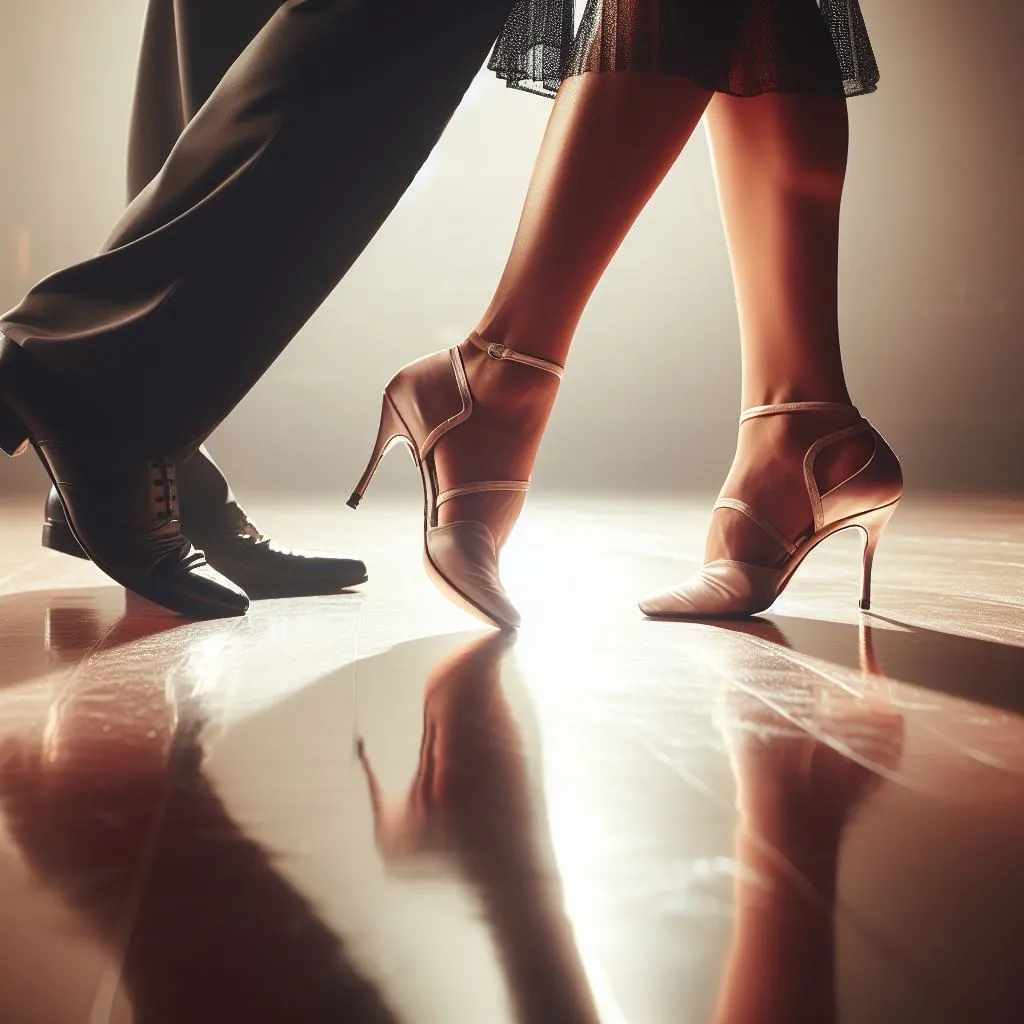 Close-up shot of the feet of the dancers, Latin American men and women who move with a soft and delicate step, almost in slow motion.  The shiny floor that reflects movements.  Both the man and the woman must wear elegant tango shoes, the light sound of the step skimming the floor.