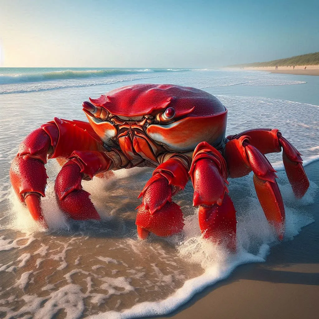 a large red crab standing on top of a sandy beach