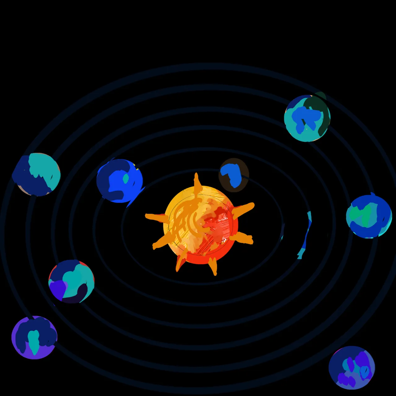 a computer generated image of a sun surrounded by planets