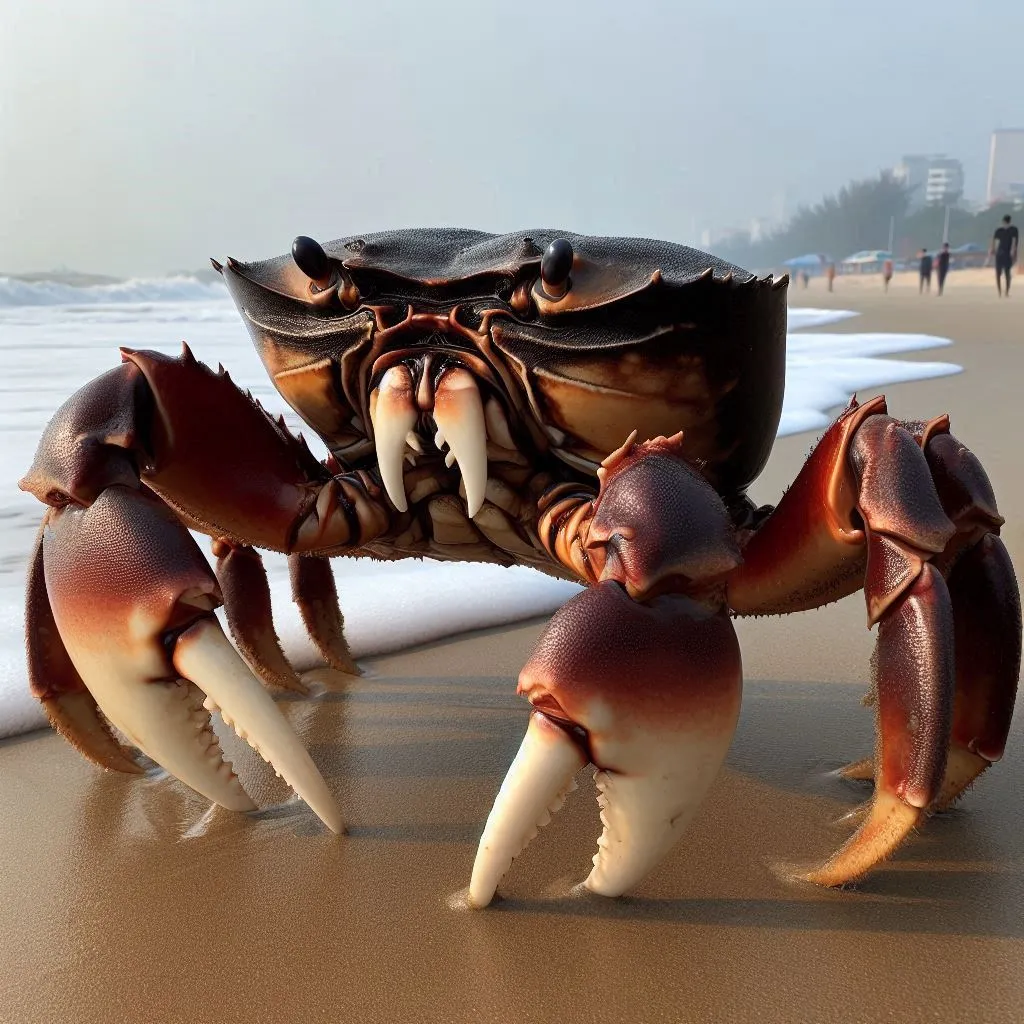 a large crab on a beach near the ocean