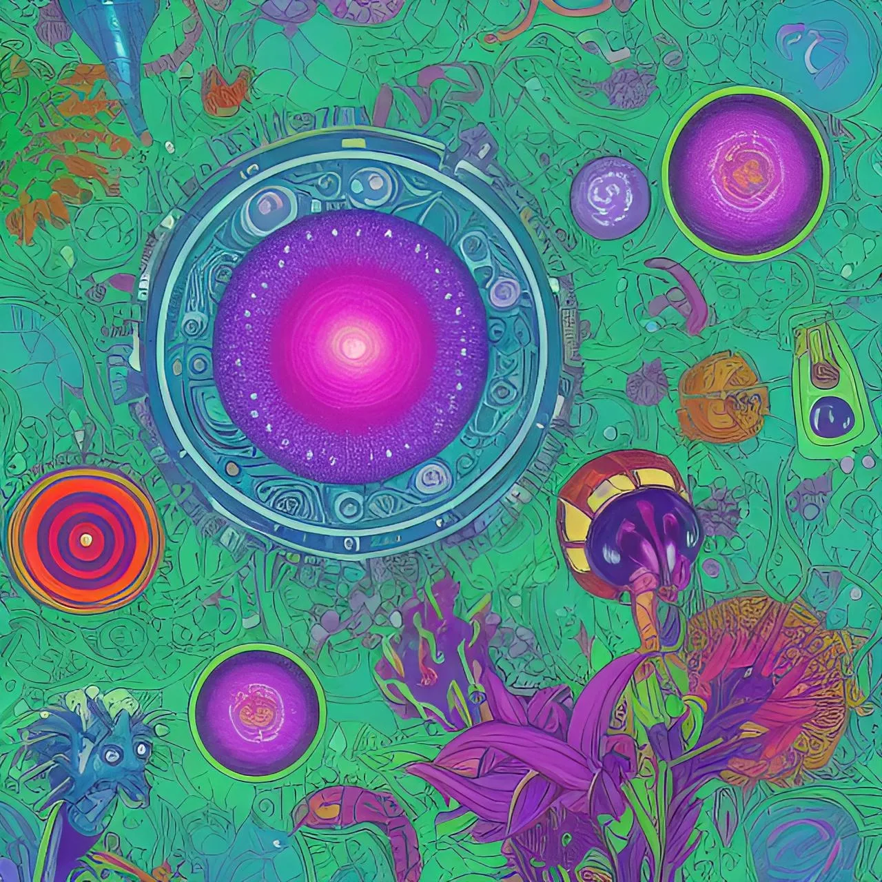 a painting of a circular object surrounded by flowers