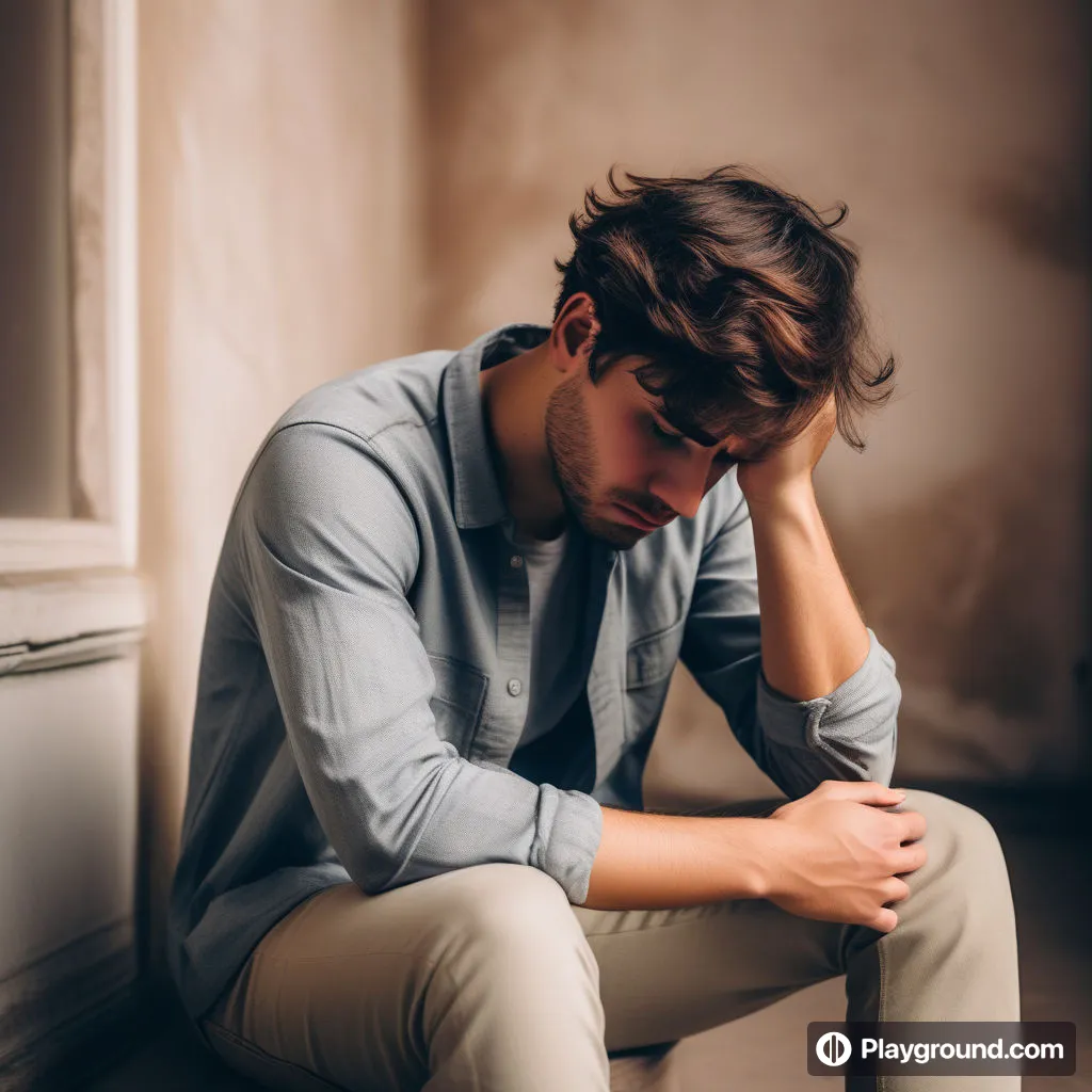 a man sitting on the floor with his hand on his head