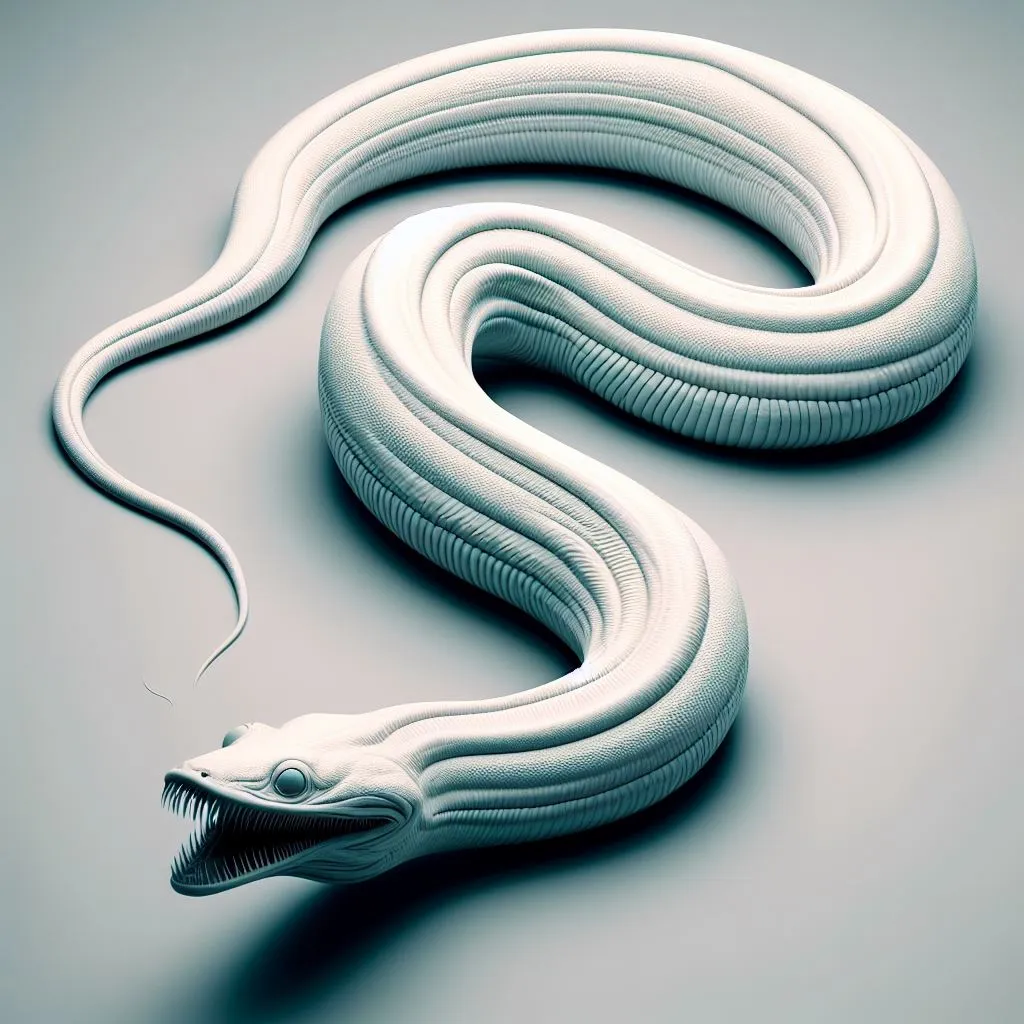 a white snake with its mouth open on a gray background Sinuous crawling movements 