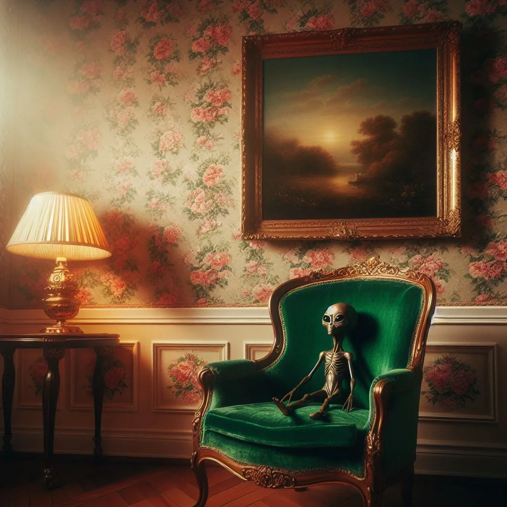 a skeleton sitting on a green chair in a room