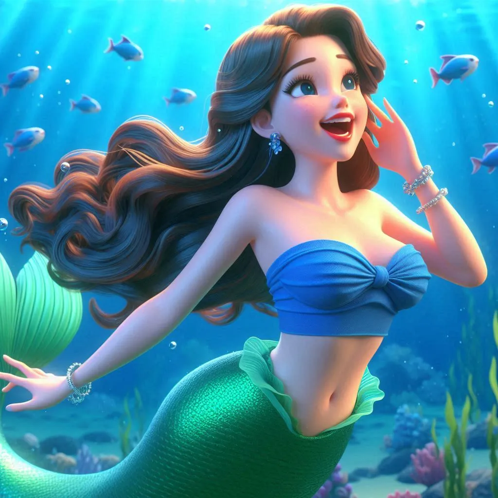 a beautiful mermaid wearing blue  tube blouse,  green tail swiiming under the sea singing happily 3D animation cartoon zoom out  