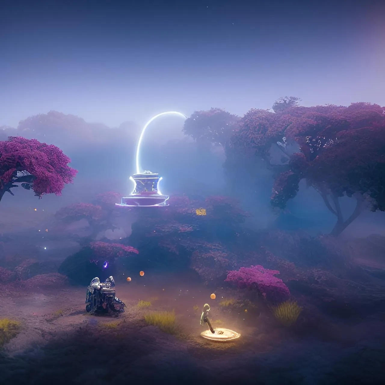 a screenshot of a futuristic landscape with a person standing in the middle of the