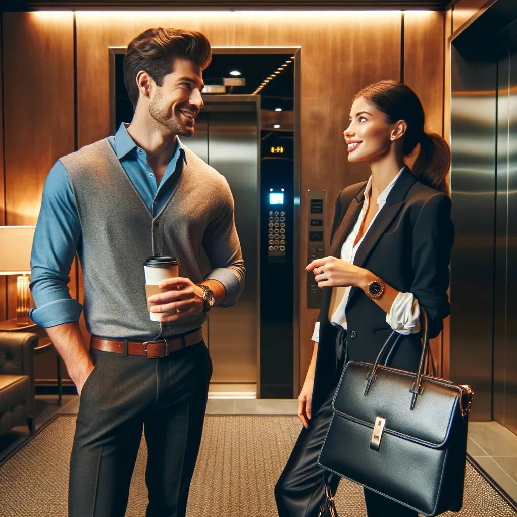 a man and a woman standing in an elevator