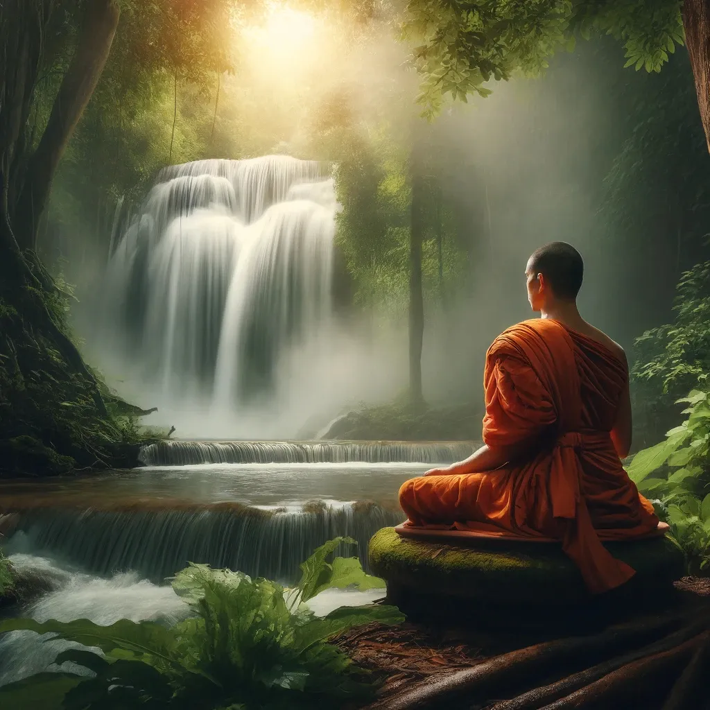 a painting of a man sitting in front of a waterfall