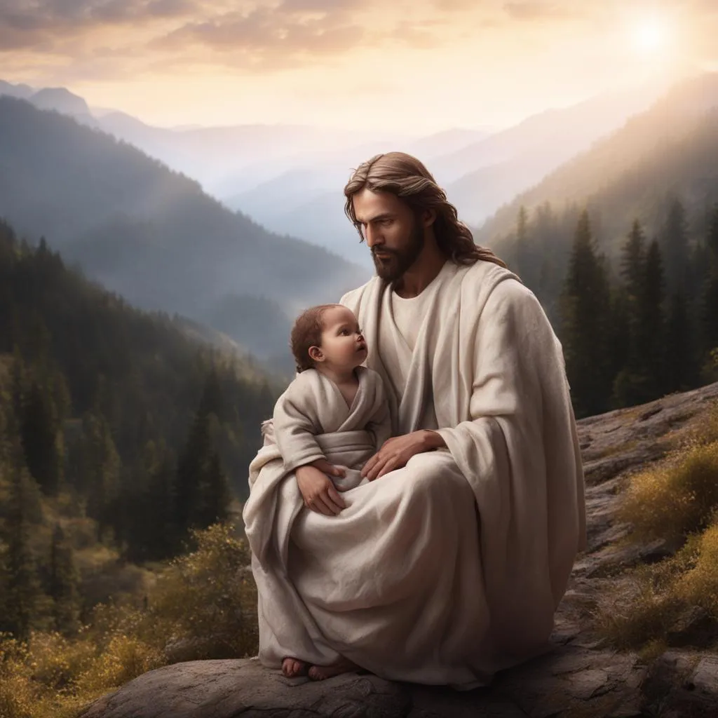 a painting of jesus holding a baby in his lap