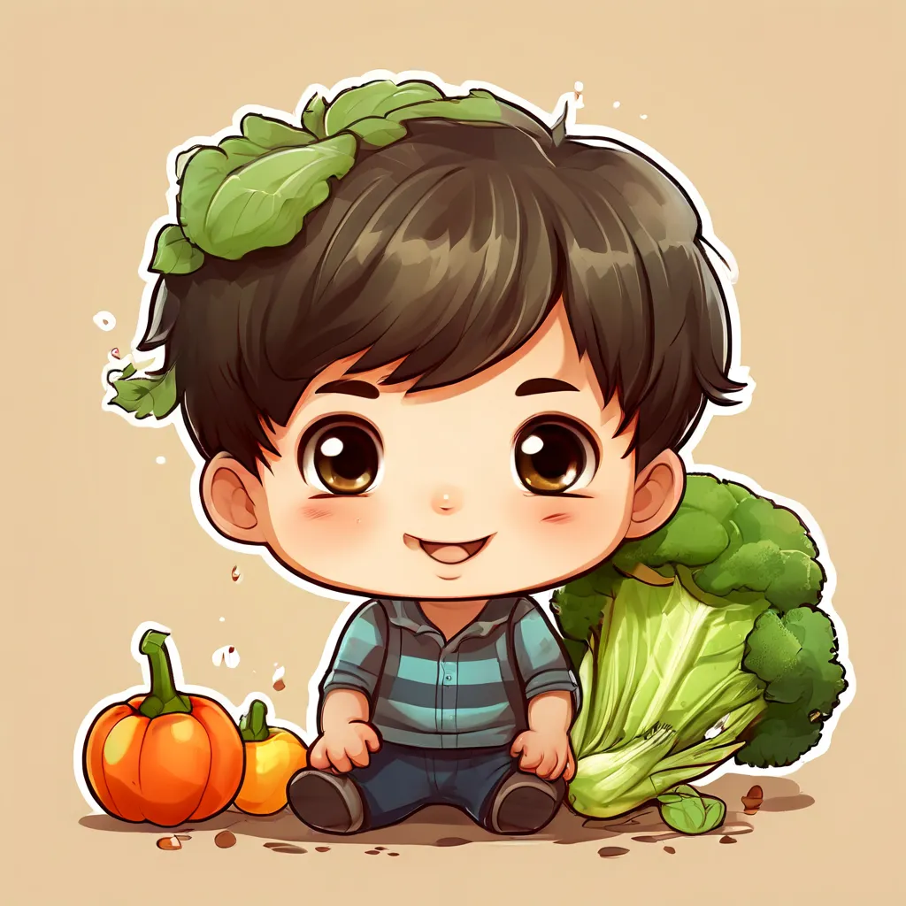 a little boy sitting next to a pile of vegetables