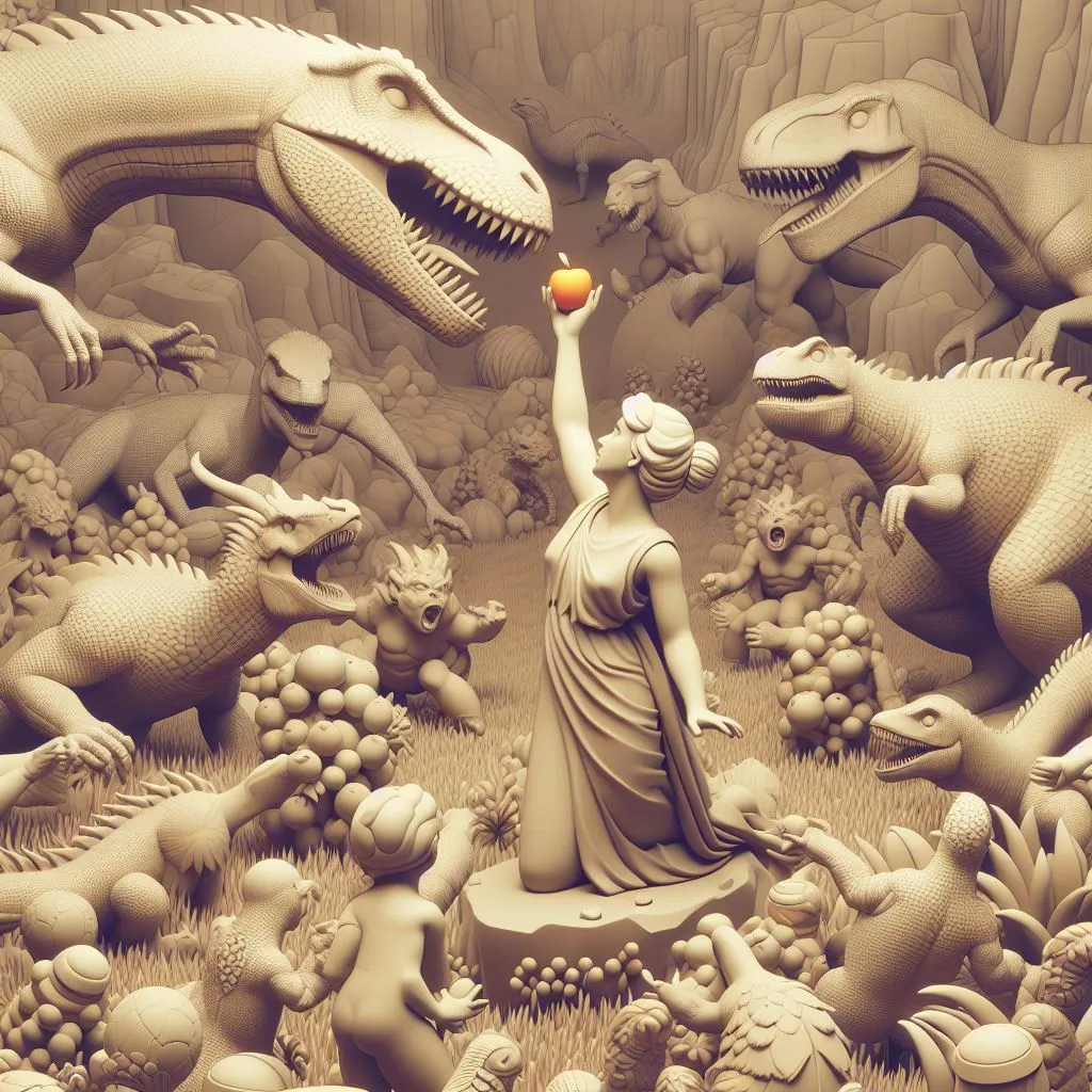 a statue of a woman surrounded by dinosaurs It is Eva lifting the apple, fluid movements Only two hands for Eva 