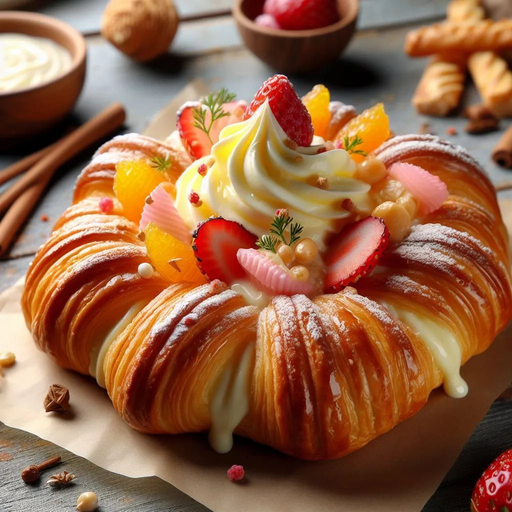 a croissant with fruit on top of it, with leaking cream