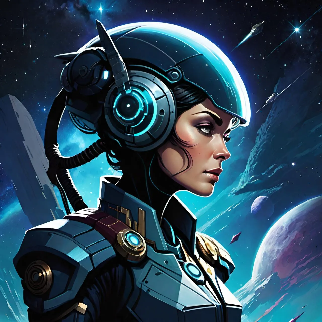 a woman in a space suit with headphones on