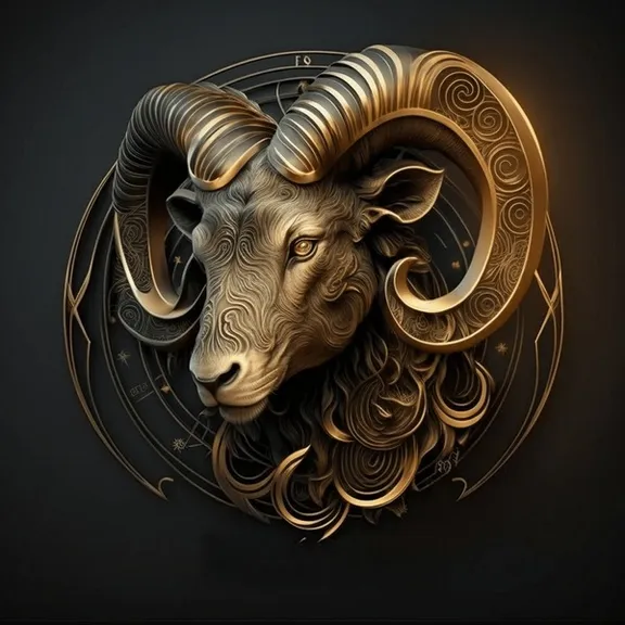 a golden ram head on a golden background