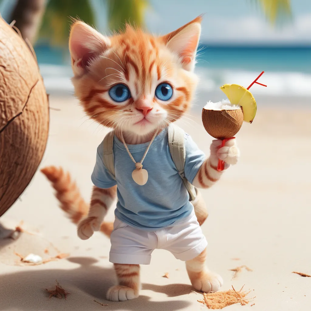 a cat is holding a coconut on the beach 