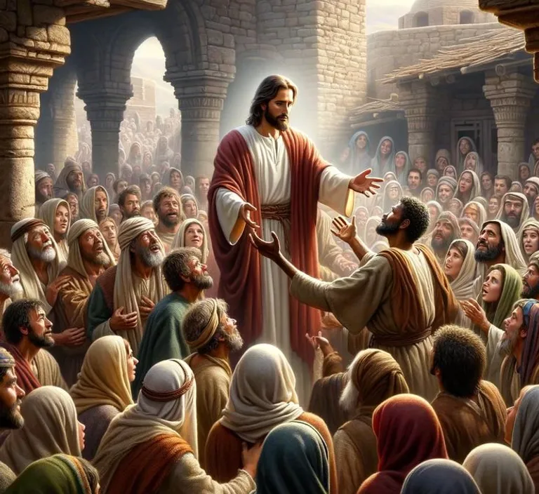 a painting of jesus talking to a group of people